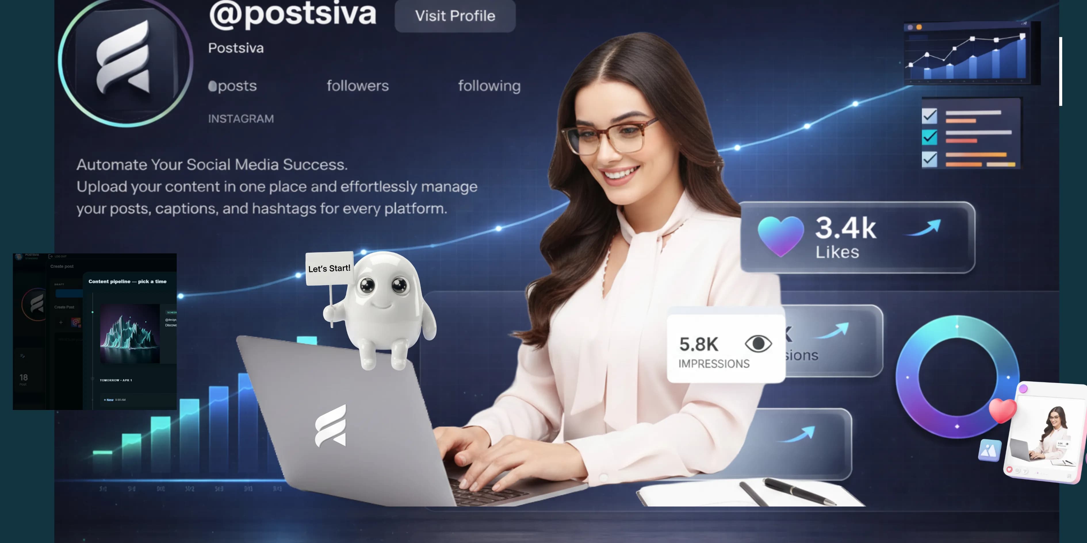 Postsiva workspace dashboard with composer, calendar, and live publishing preview