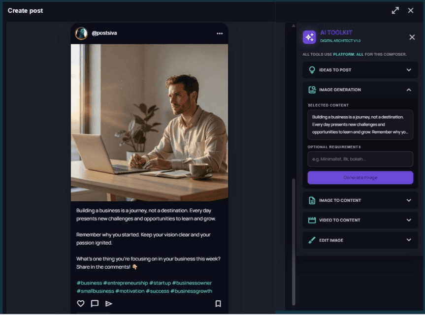 Postsiva: compose with live network previews and AI toolkit