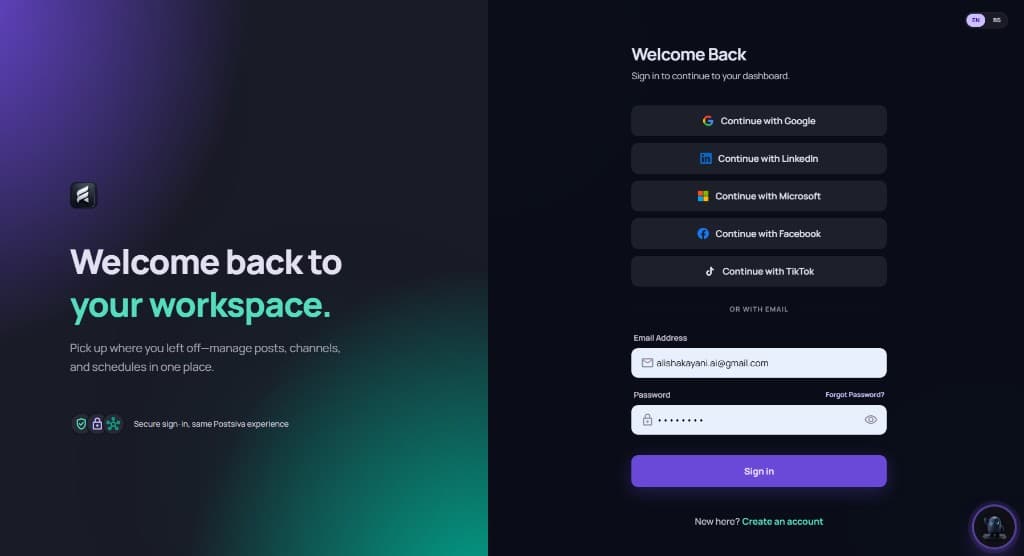 Postsiva Sign in screen with social login options and email fields