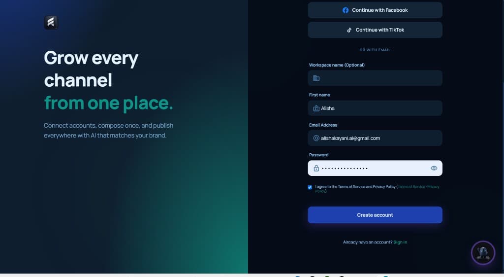 Postsiva Create account screen with social signup and email fields