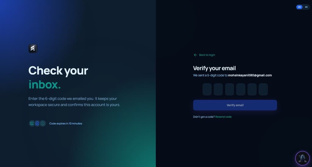 Postsiva Verify your email screen with six-digit code inputs