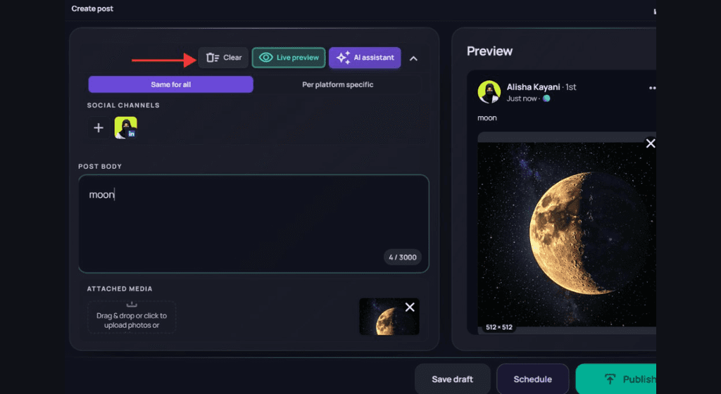 Create post composer with Clear button highlighted next to Live preview and AI assistant