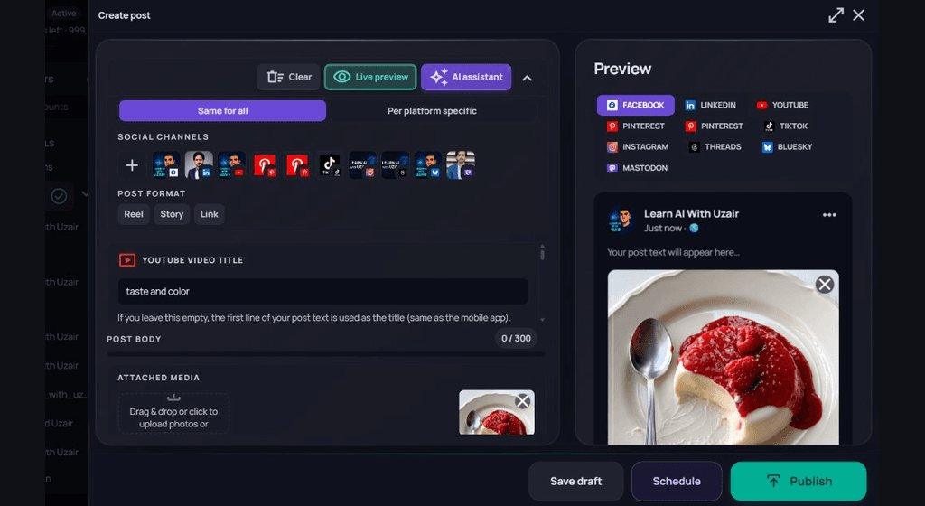 Create post unified composer with social channels, Same for all, attached media, and Facebook live preview