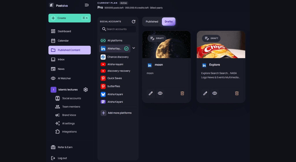Published Content Drafts tab with draft cards showing image thumbnails and edit actions