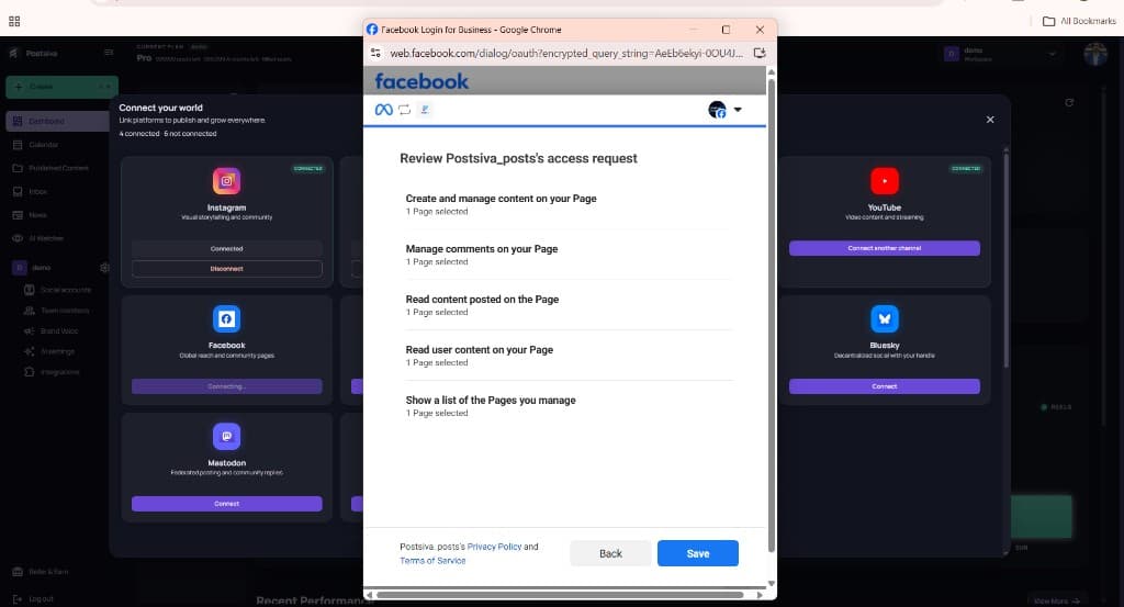 Facebook Login for Business review access request for Postsiva_posts
