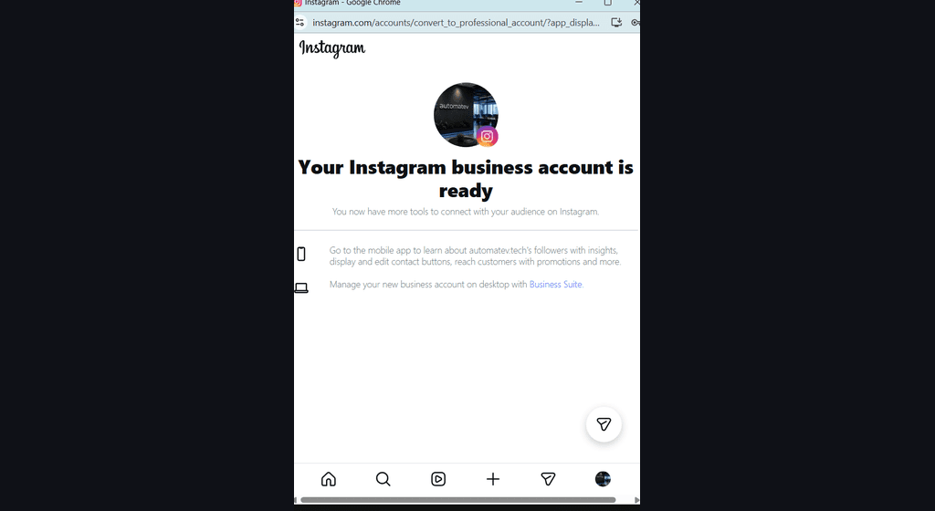 Instagram confirmation that the business account is ready