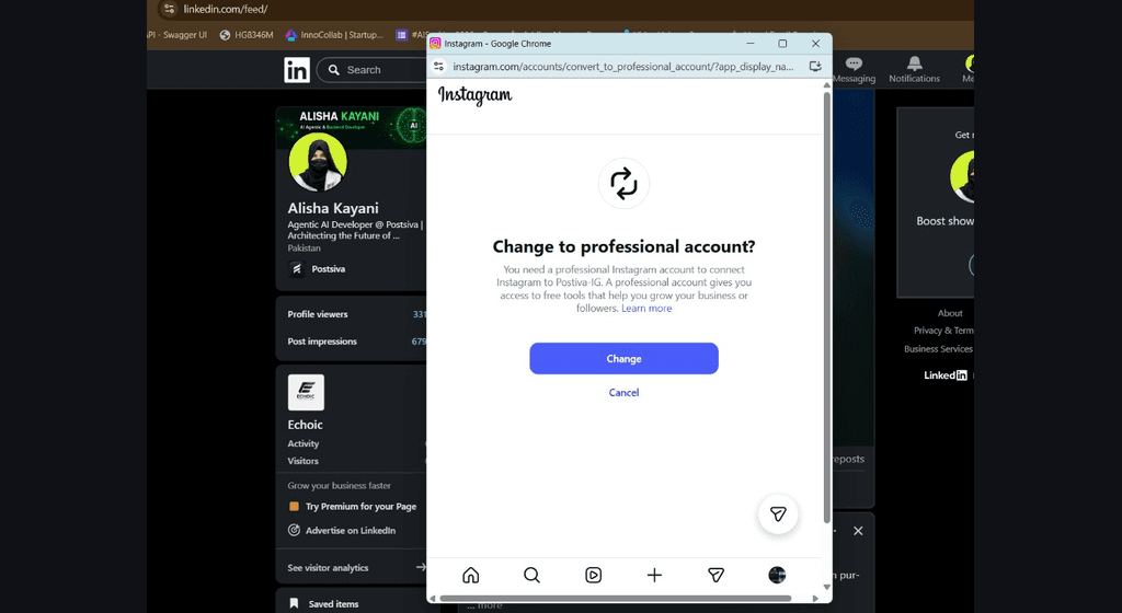 Instagram prompt to change a personal account to a professional account