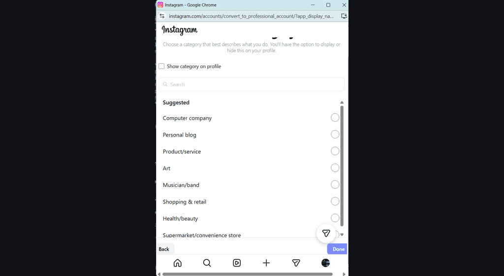 Instagram professional account category selection screen