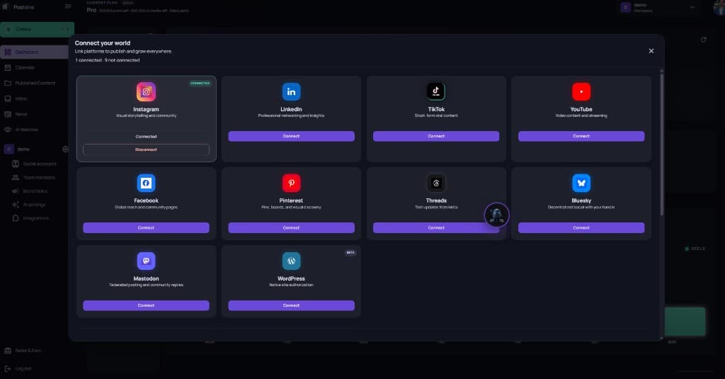 Connect your world modal showing Instagram as Connected