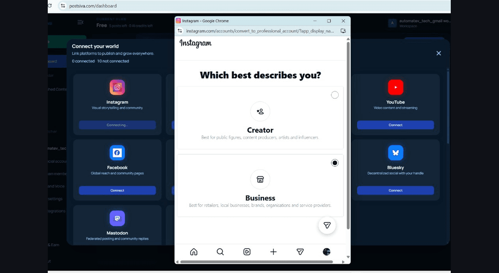 Instagram screen to choose Creator or Business professional account type
