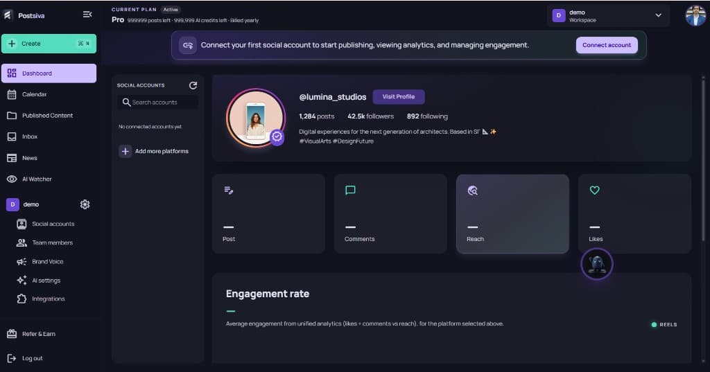 Postsiva dashboard with Connect account banner to link the first social account