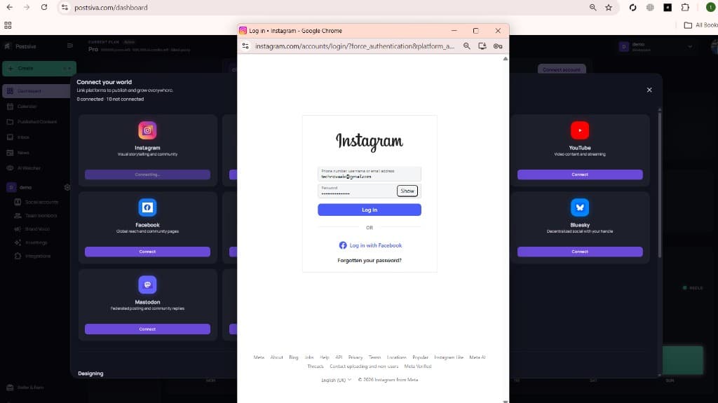 Instagram login popup opened from Postsiva connect flow