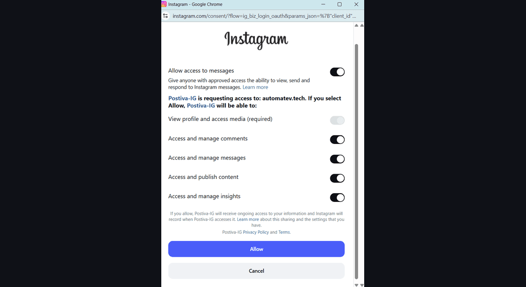 Instagram permissions screen for Postiva-IG with Allow and Cancel