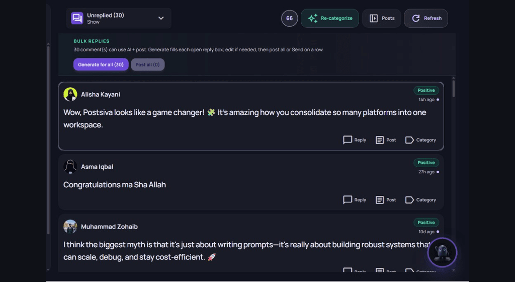 Bulk replies with Generate for all and Post all for unreplied comments