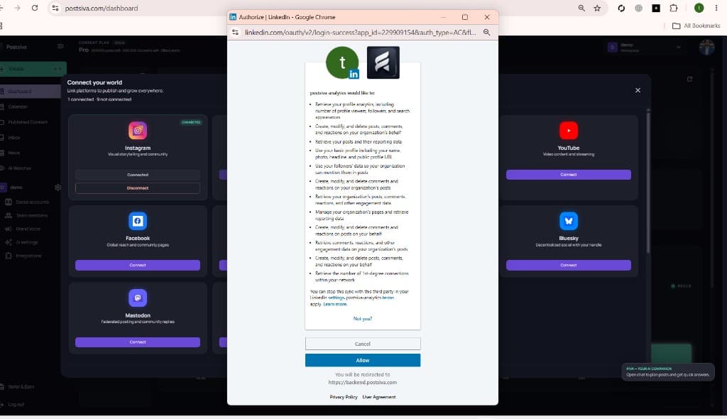 LinkedIn Authorize screen listing Postsiva permissions with Allow