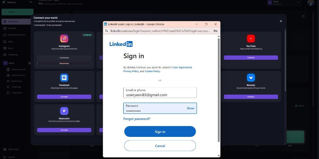 LinkedIn sign-in popup opened from Postsiva Connect your world
