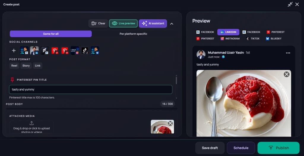 Create post Live preview on with Same for all and LinkedIn preview among platform pills