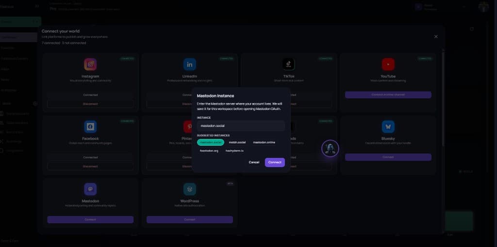 Postsiva Mastodon Instance dialog with mastodon.social selected