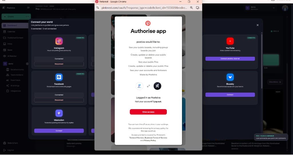 Pinterest Authorise app screen with Give access for Postsiva