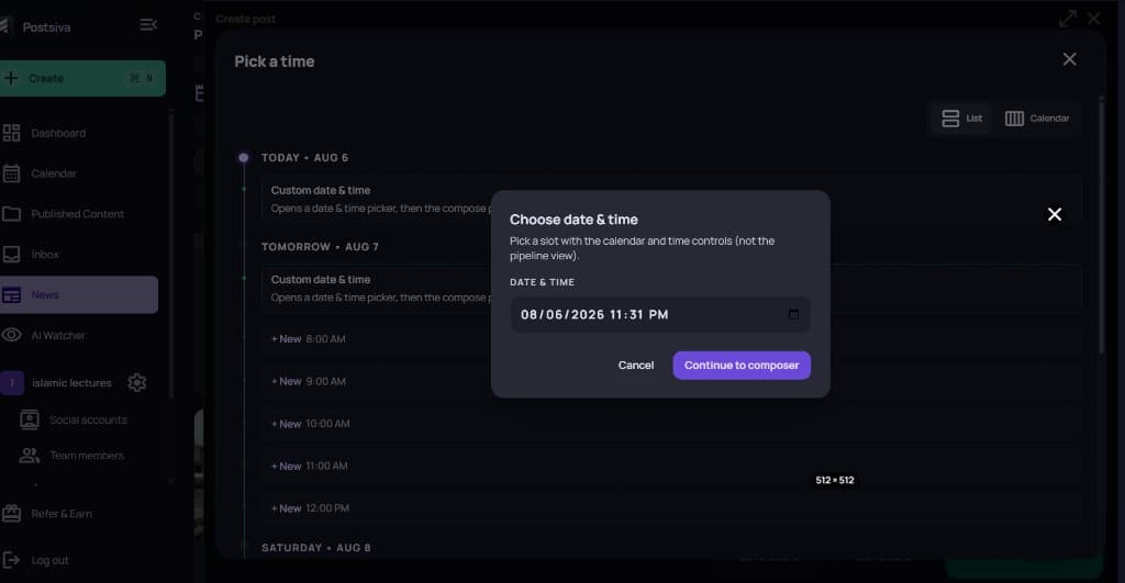 Choose date & time dialog with date-time field and Continue to composer