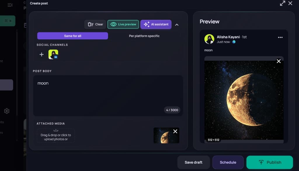 Create post with attached moon image thumbnail and LinkedIn live preview