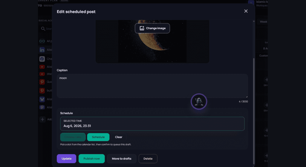 Edit scheduled post modal with caption, selected time, Choose time, Update, and Publish now