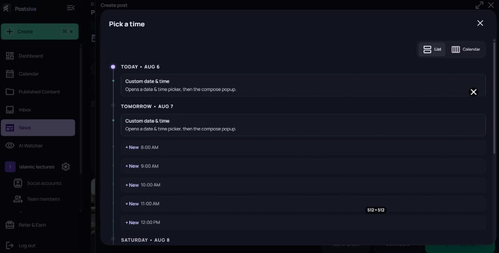 Pick a time modal in List view with Today, Tomorrow, and hourly New slots