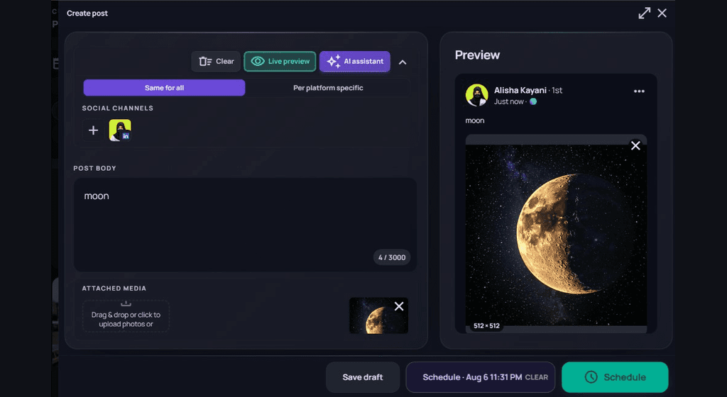 Create post footer showing Schedule with selected date and time and Schedule button