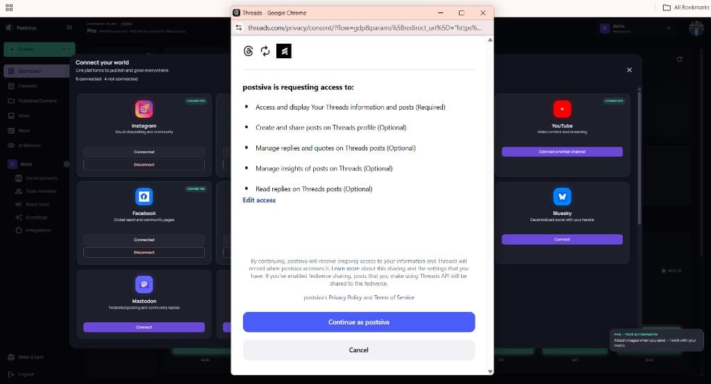 Threads authorization popup requesting access for postsiva