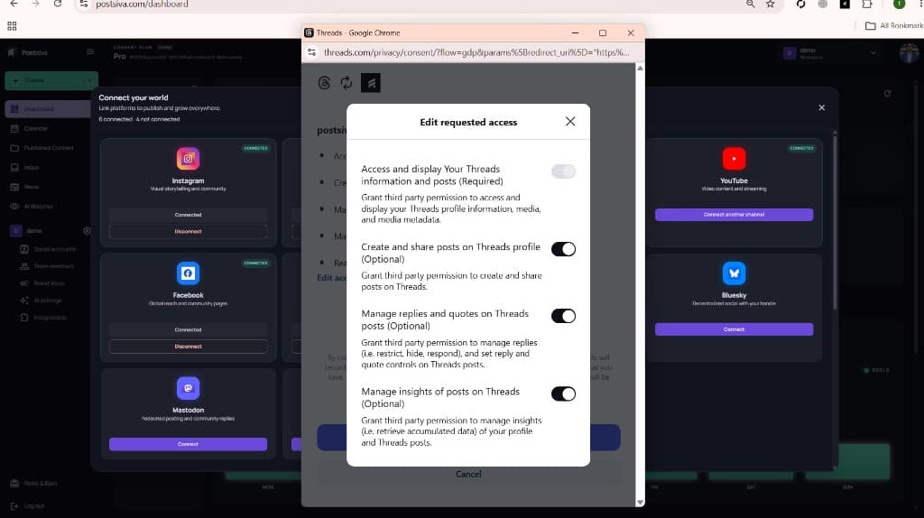 Threads Edit requested access toggles for Postsiva permissions