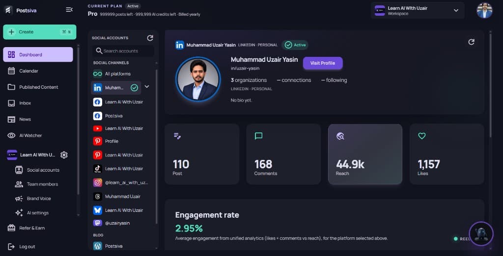 Postsiva Dashboard with social channels list, Active LinkedIn profile, and posts comments reach likes engagement