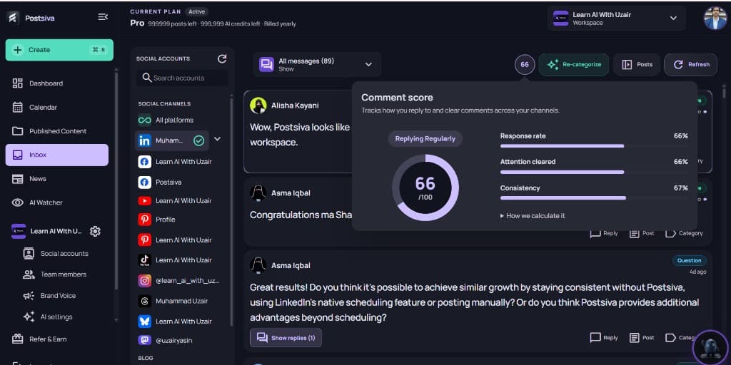 Unified Inbox with All platforms selected, message feed, and Comment score overlay