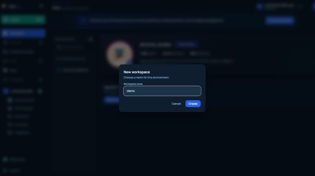 New workspace modal with workspace name field and Create button