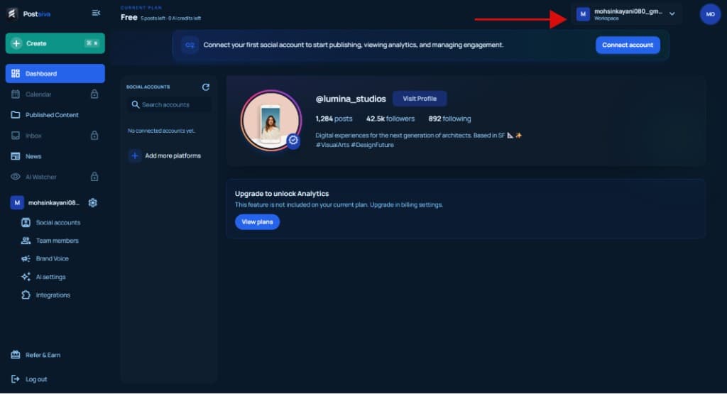 Postsiva dashboard with the workspace selector highlighted in the top-right header