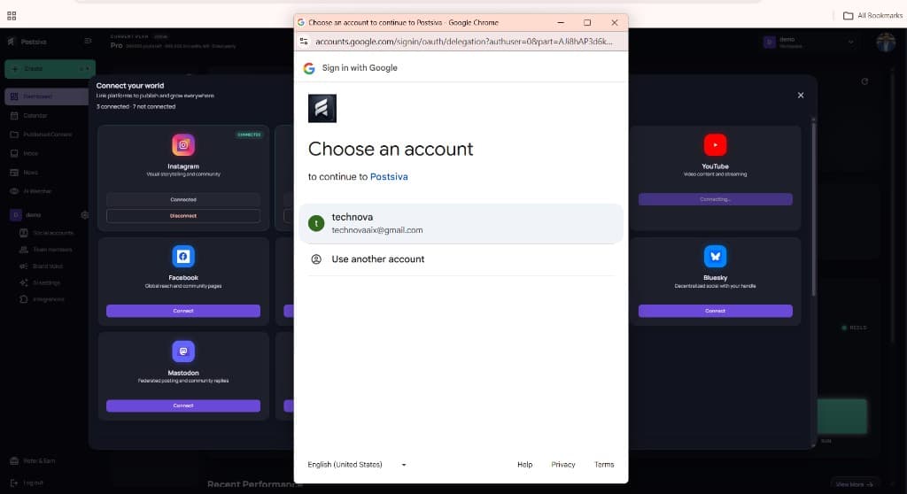 Google account picker to continue to Postsiva for YouTube connect
